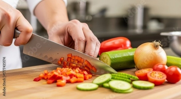 Obraz Chef meticulously chops vibrant red bell peppers for a fresh, healthy culinary creation, surrounded by ripe tomatoes and crisp vegetables.