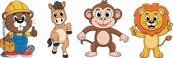 Obraz Cute cartoon animals illustration, beaver builder, happy horse, smiling monkey, friendly lion, kids vector art, nursery design, adorable character collection