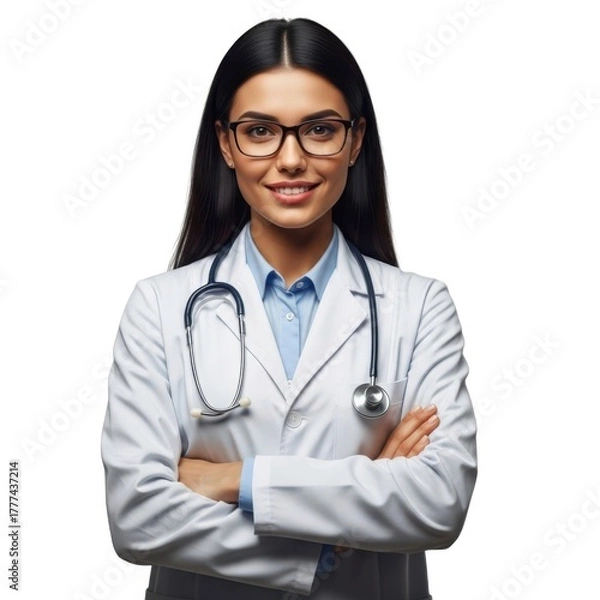 Obraz Smiling professional female doctor in lab coat with stethoscope