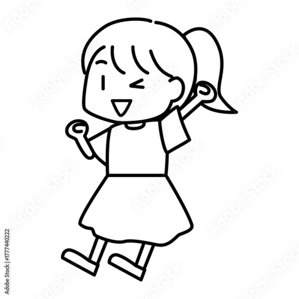 Fototapeta ガッツポーズをして喜ぶ女の子の線画イラスト