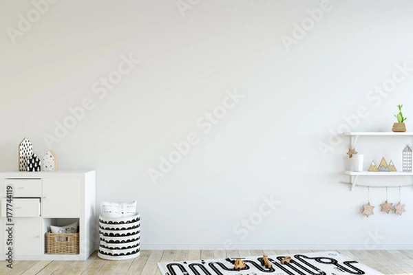 Fototapeta mock up wall in child room interior. Interior scandinavian style. 3d rendering, 3d illustration