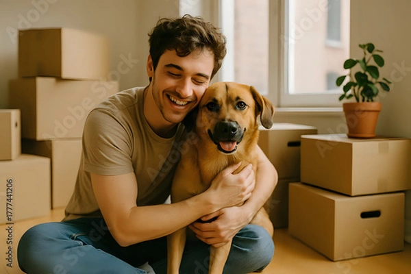 Fototapeta A young man and his beloved dog in a new apartment on moving day. Photographs that capture the essence of the moment.