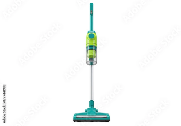 Obraz Isolated stick vacuum cleaner for floor cleaning, housekeeping, green and yellow design