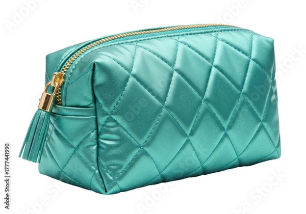 Obraz Isolated turquoise cosmetic bag with tassel and zipper, soft and padded for travel needs