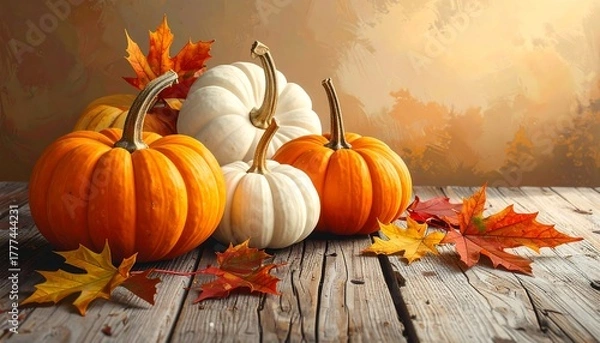 Obraz Autumn Harvest - Pumpkins and Maple Leaves on Rustic Wood.