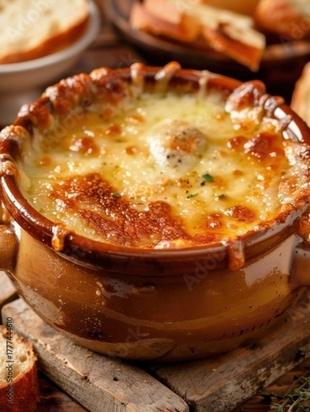 Obraz French onion soup with melted cheese served in a deep bowl, topped with a golden crust