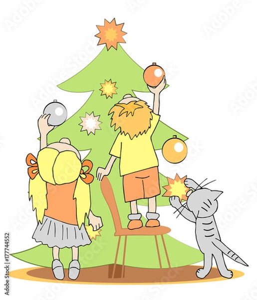 Fototapeta Children and cat decorating xmas-tree. White background.