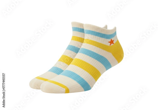 Obraz Isolated pair of striped casual ankle socks, yellow, blue, and beige, with a star accent