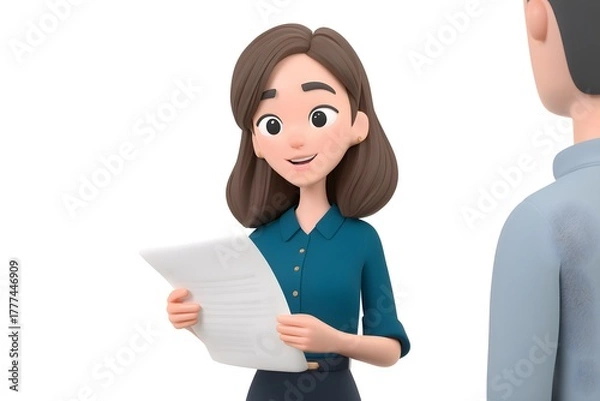 Fototapeta Professional 3D Woman Character Presenting Document to Colleague
