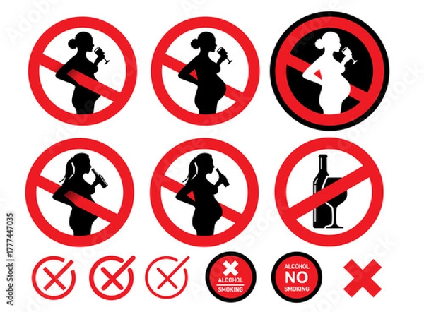 Fototapeta Set of No alcohol during pregnancy vector signs. Pregnant no drink sign. Red prohibition alcohol warning responsibility sign with pregnant woman silhouette and bottle of beer in hand. Vector signs.