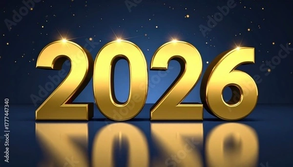 Fototapeta Bold gold numbers 2026 on a dark blue background with stars, highlighting the new year concept. The reflective surface adds depth.