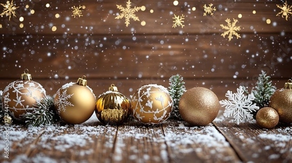 Obraz Christmas ornaments baubles on wooden background snowflakes stars elegant design for festive card high detail no people
