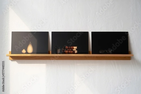 Fototapeta Three vinyl records displayed on a wooden shelf with soft lighting