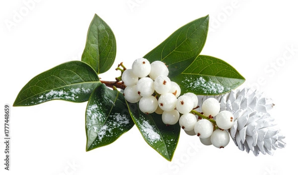 Fototapeta Snowberry plant branch showing white berries and green leaves next to white pinecones, creating a winter seasonal element