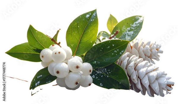 Fototapeta Snowberry plant branch showing white berries and green leaves next to white pinecones, creating a winter seasonal element