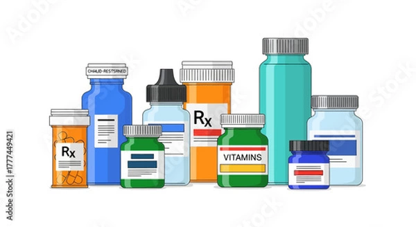 Fototapeta Group of various medicine bottles on a white background