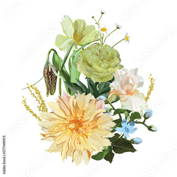 Fototapeta Garden beige green flowers bouquet. Peony, tulips, dahlia flowers. Realistic vector image. Print for all types of surfaces. Trendy print.