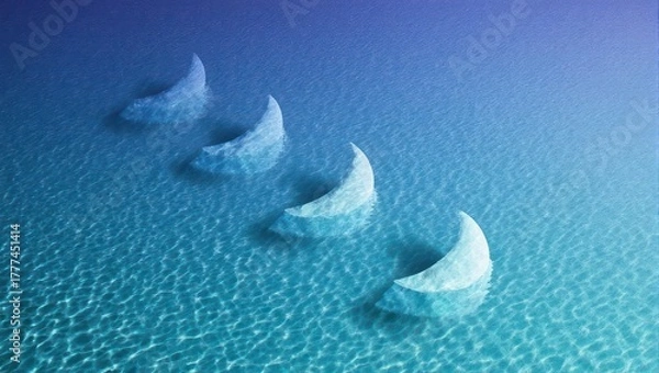 Fototapeta Four crescent moon shapes floating on a rippled blue water surface.