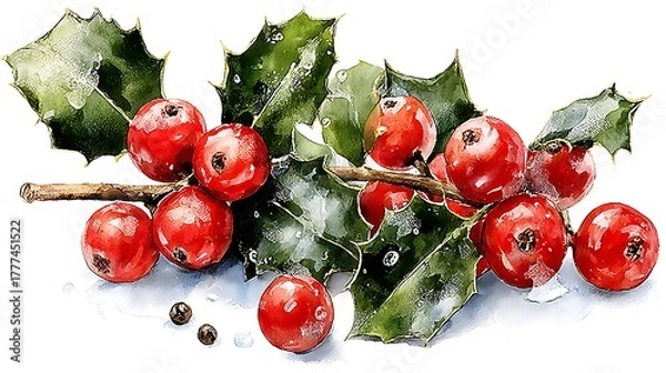 Obraz Watercolor masterpiece: Close-up illustration of a sprig of vibrant green holly with bright red berries Watercolor Hygge and Hearth Whimsical Woodland Storybook