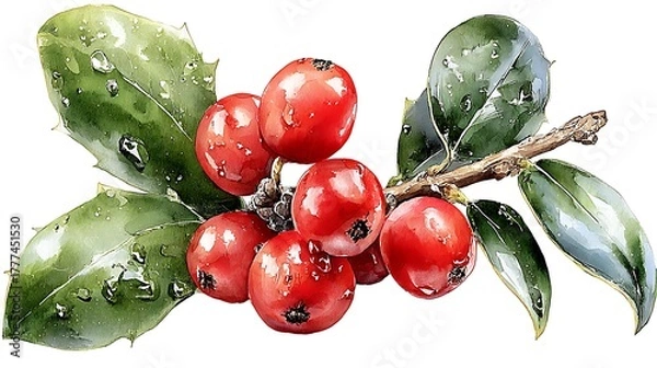 Obraz Watercolor masterpiece: Close-up illustration of a sprig of vibrant green holly with bright red berries Watercolor Hygge and Hearth Whimsical Woodland Storybook
