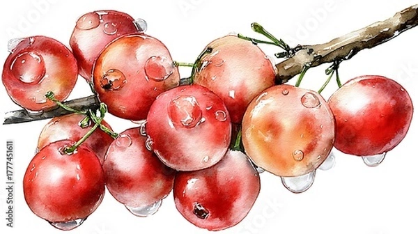 Obraz Watercolor masterpiece: Close-up illustration of a sprig of vibrant green holly with bright red berries Watercolor Hygge and Hearth Whimsical Woodland Storybook