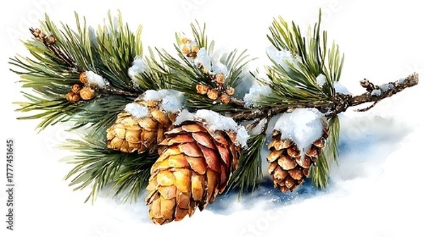 Obraz Fine art watercolor illustration: Detailed pine branch with soft needles and tiny pinecones Watercolor Hygge and Hearth Whimsical Woodland Storybook