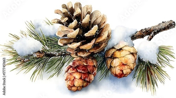 Obraz Fine art watercolor illustration: Detailed pine branch with soft needles and tiny pinecones Watercolor Hygge and Hearth Whimsical Woodland Storybook