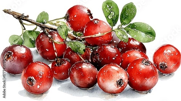 Fototapeta Watercolor masterpiece: Close-up illustration of a sprig of vibrant green holly with bright red berries Watercolor Hygge and Hearth Whimsical Woodland Storybook