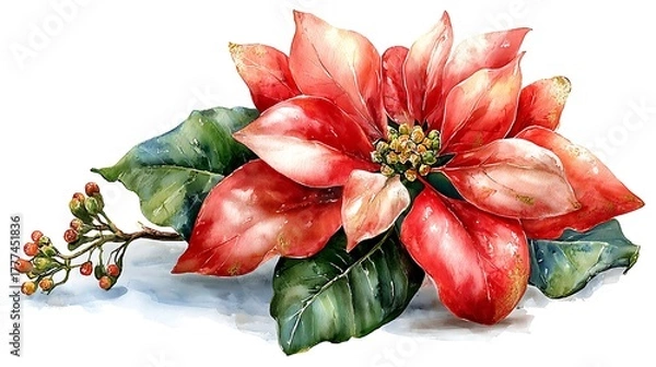 Obraz Watercolor realism: Single vibrant poinsettia bloom, velvety red petals, intricate stamen details Watercolor Hygge and Hearth Whimsical Woodland Storybook