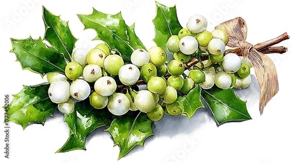 Obraz Watercolor masterpiece: Close-up illustration of a sprig of vibrant green holly with bright red berries Watercolor Hygge and Hearth Whimsical Woodland Storybook