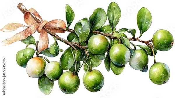 Fototapeta Watercolor masterpiece: Close-up illustration of a sprig of vibrant green holly with bright red berries Watercolor Hygge and Hearth Whimsical Woodland Storybook