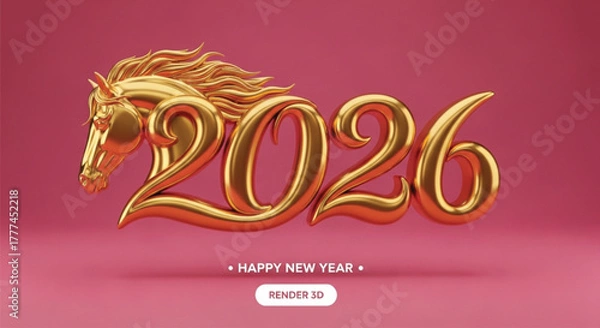 Fototapeta A golden horse head and the year 2026 are displayed on a pink background, wishing a happy new year in a festive and celebratory manner. Render 3D design.
