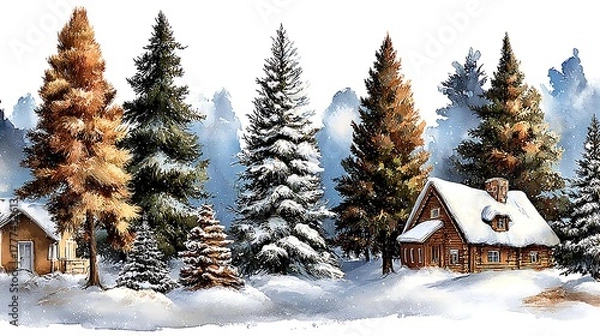 Obraz Artistic watercolor rendition: A whimsical gingerbread forest scene, with various gingerbread trees Watercolor Hygge and Hearth Whimsical Woodland Storybook