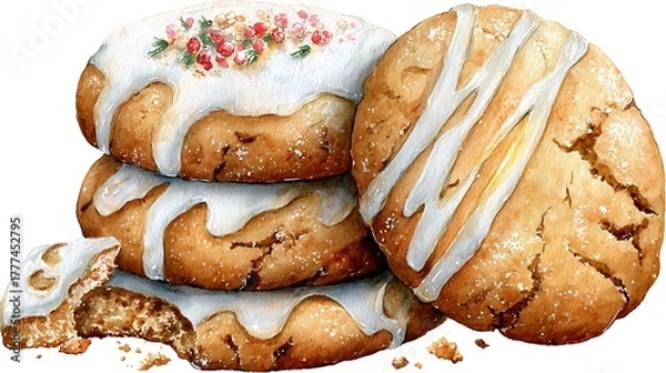Obraz Photorealistic watercolor: Stack of freshly baked gingerbread cookies, some plain, some with intricate icing Watercolor Hygge and Hearth Whimsical Woodland Storybook