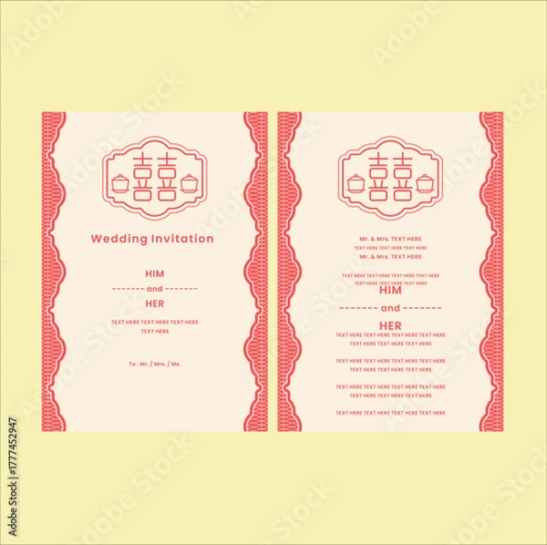 Fototapeta Chinese wedding invitationw with calligraphy 囍 (shuang xi) meaning is double happiness. Vector illustration design. Eps 10.