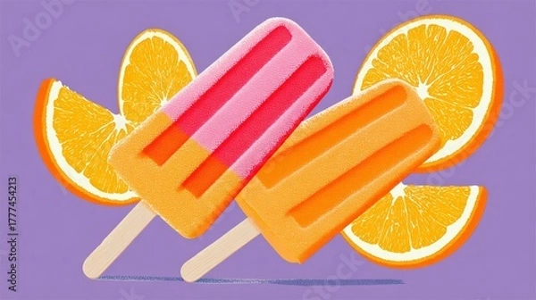 Fototapeta Two popsicles with orange and pink stripes on them are on top of a purple background. There are also two orange slices on the background
