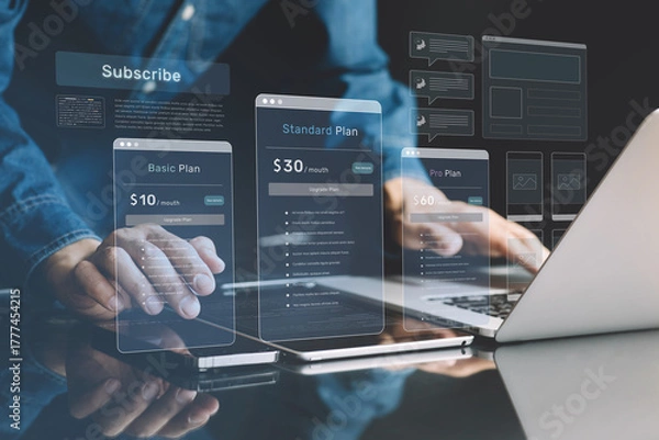 Fototapeta Subscribe plan with ai platforms device.Deep learning with intelligence digital software
