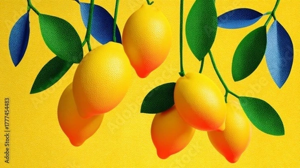 Obraz A close up of a bunch of lemons hanging from a tree. The lemons are yellow and green, and the leaves are also green. The image has a bright and cheerful mood, with the lemons