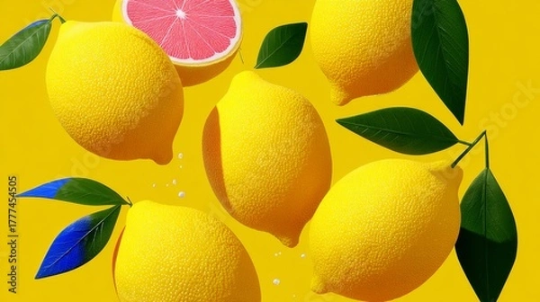 Obraz A close up of a bunch of lemons with one of them cut in half. The lemons are yellow and the cut one is pink. The image has a bright and cheerful mood, with the lemons being the main focus