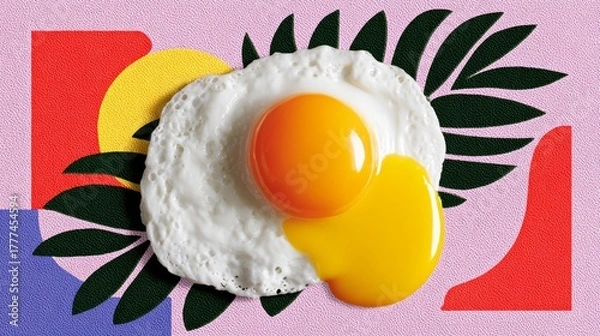 Obraz A close up of an egg with a yellow yolk and a white egg white. The egg is surrounded by a leafy green background