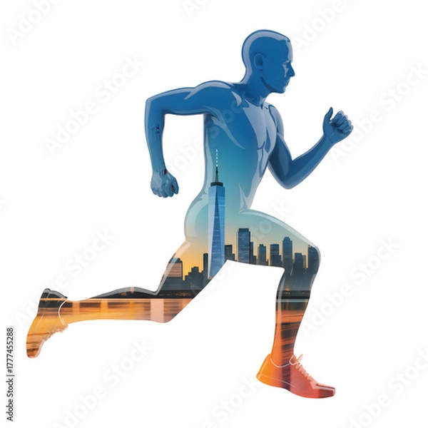 Obraz Blue running man silhouette featuring a vibrant urban skyline and sunset within its form isolated on transparent background