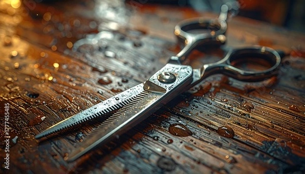 Fototapeta Close-up of barber scissors on a wooden surface, showing water droplets and detail