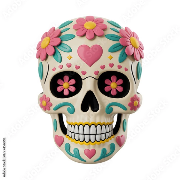 Fototapeta Colorful sugar skull decorated with flowers and hearts for Day of the Dead celebration isolated on transparent background