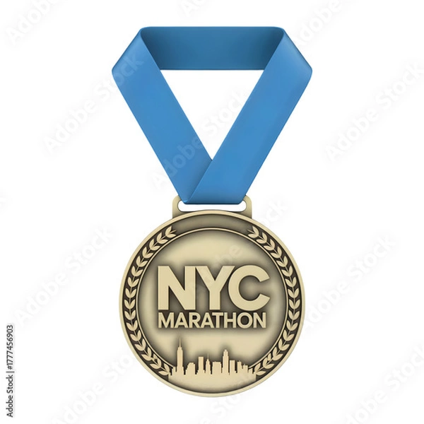 Fototapeta Bronze NYC Marathon medal with a blue ribbon representing sports achievement and victory isolated on transparent background