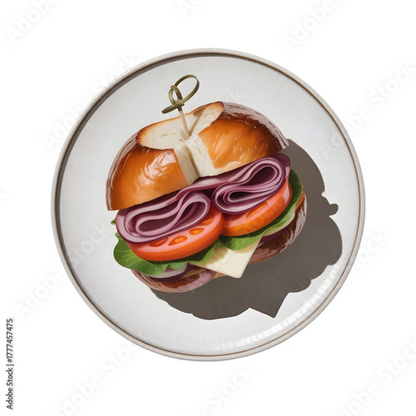 Fototapeta Delicious pretzel bun sandwich with deli meat red onion tomato and cheese served on a white plate isolated on transparent background