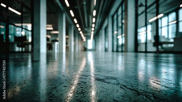 Fototapeta Bureaux avec sol béton, vue au ras du sol