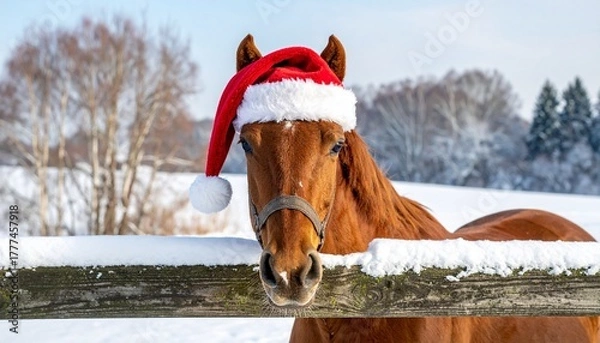 Obraz Horse wearing a Santa hat standing by a snowy fence in a winter landscape.