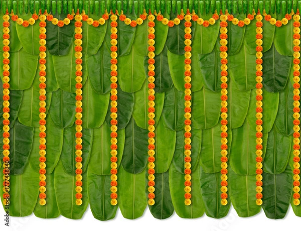 Fototapeta Green Banana leaf orange yellow marigold flower background for backdrop, Indian Marriage, Engagement, baby banana marigold flower leaf decoration, Indian festivals background, backdrops for festivals 
