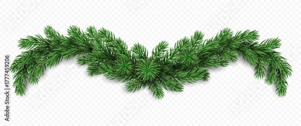 Fototapeta Vector realistic pine tree branches isolated on a transparent background. Holiday Christmas tree garland for winter decoration banner, poster, greeting card.