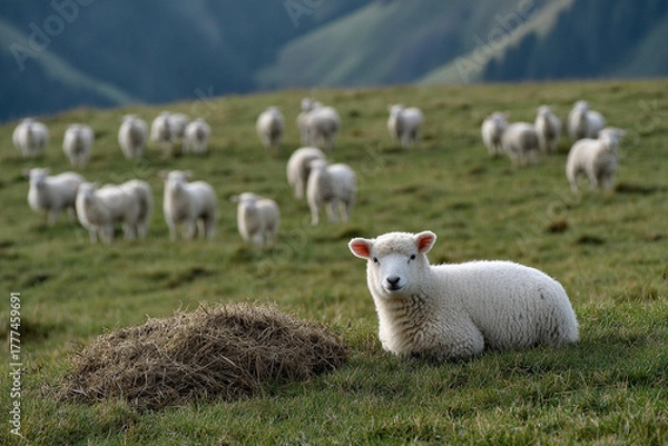 Fototapeta Young well-groomed lambs graze in a field.